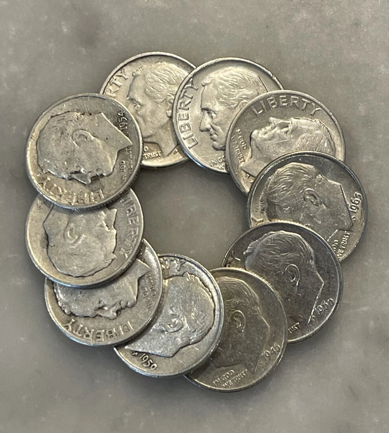 Lote de 10 monedas de diez centavos Roosevelt 1946-1964 - 90 % plata - ¡Elija la cantidad de lotes!-1