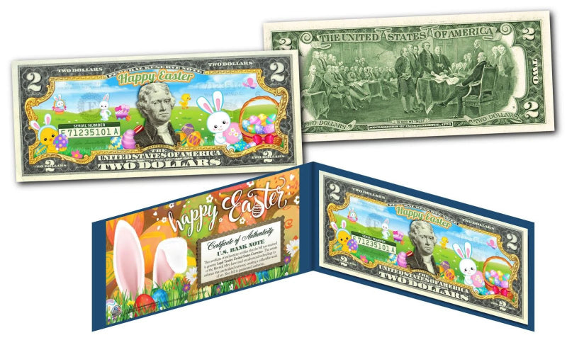 HAPPY EASTER Bunnies Eggs Holiday Kids Bunny Genuine Legal Tender U.S. $2 Bill
