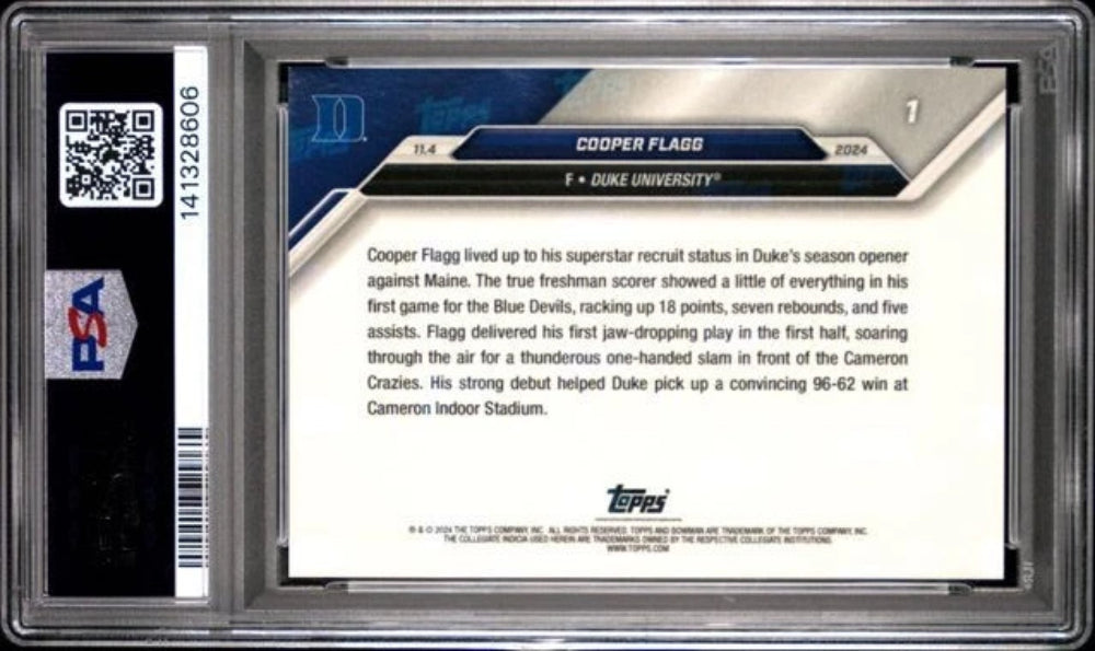 2024-25 Cooper Flagg Bowman U University Now #1 Rookie RC Duke PSA 10 GEM MINT