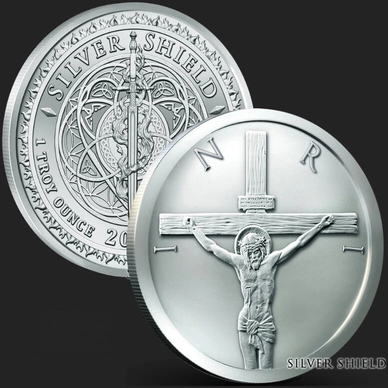 Jesus Christ Crucifixion INRI 1 oz .999 Fine Silver Round, Religious Art Collectible, Faith Inspired Commemorative Piece, Spiritual Theme Display, Precious Metal Collection, Protective Capsule Included-1