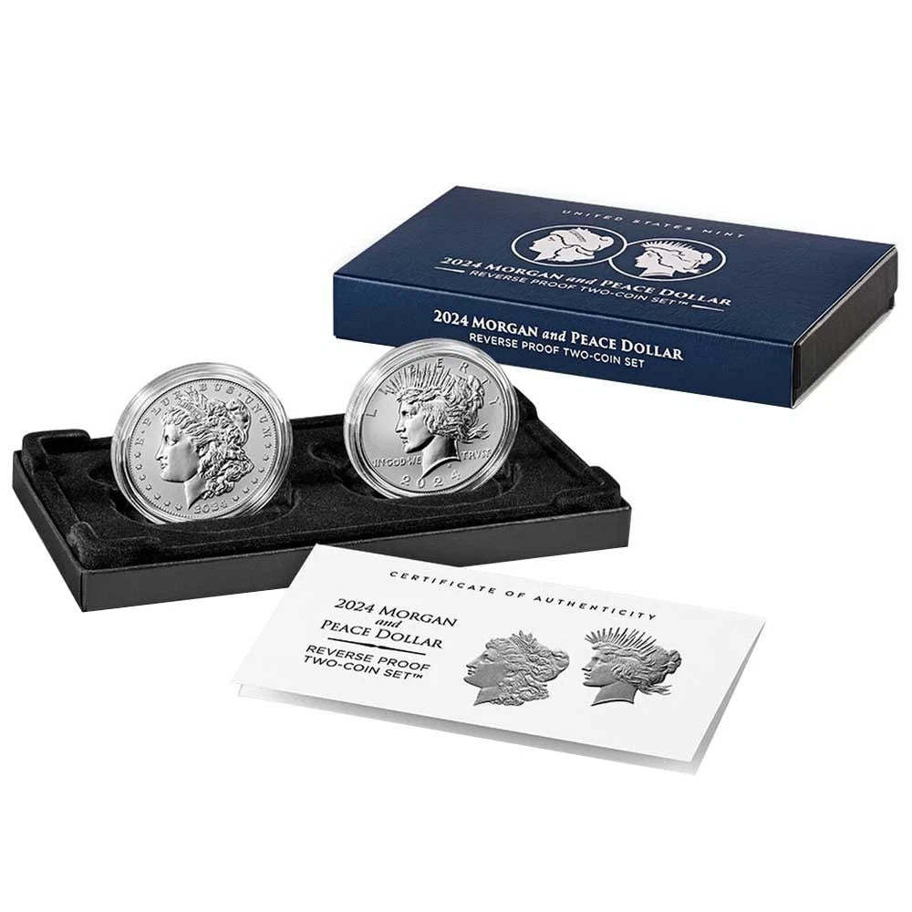 Juego de 2 piezas - 2024-S $1 Dólar de plata Morgan y Peace con caja, OGP-1