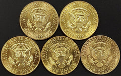 Lot of FIVE 1964 Kennedy Silver Half Dollars! Gold plated!-1