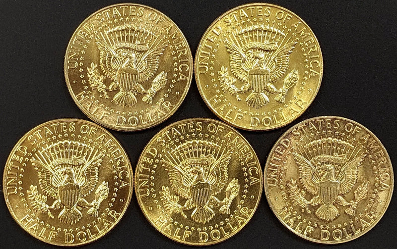 Lot of FIVE 1964 Kennedy Silver Half Dollars! Gold plated!