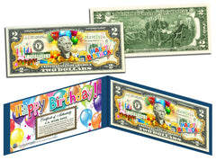 HAPPY BIRTHDAY Colorized Legal Tender Genuine U.S. $2 Bill with Display & COA-1