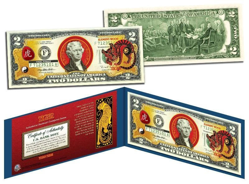 Zodíaco chino * AÑO DEL TIGRE * Billete de 2 dólares coloreado Dinero de la suerte de EE. UU. Nuevo Lunar