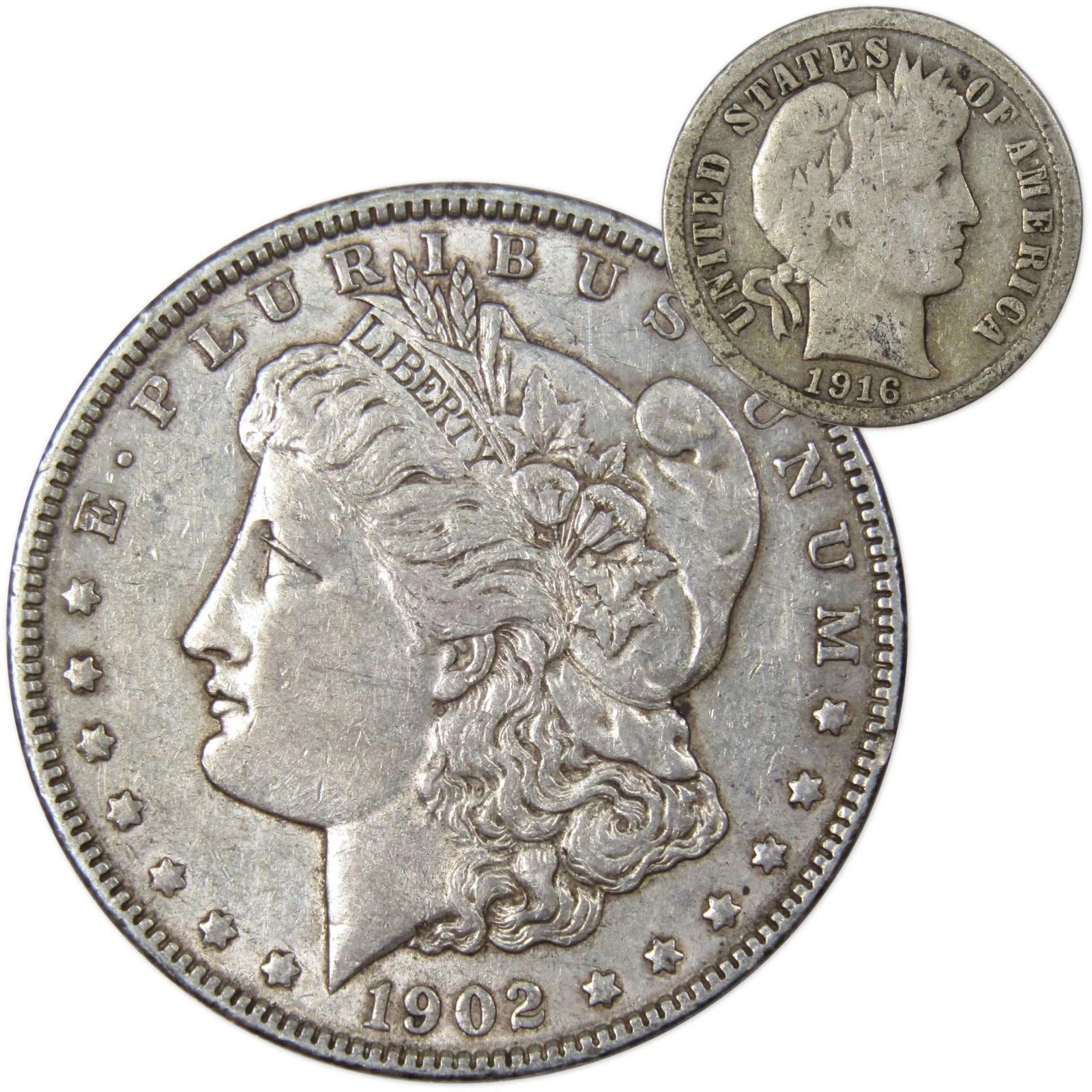1902 Morgan Dollar XF EF Extremely Fine 90% Silver with 1916 Barber Dime G Good