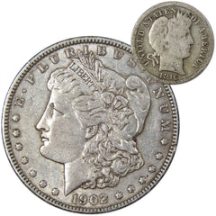 1902 Morgan Dollar XF EF Extremely Fine 90% Silver with 1916 Barber Dime G Good-1