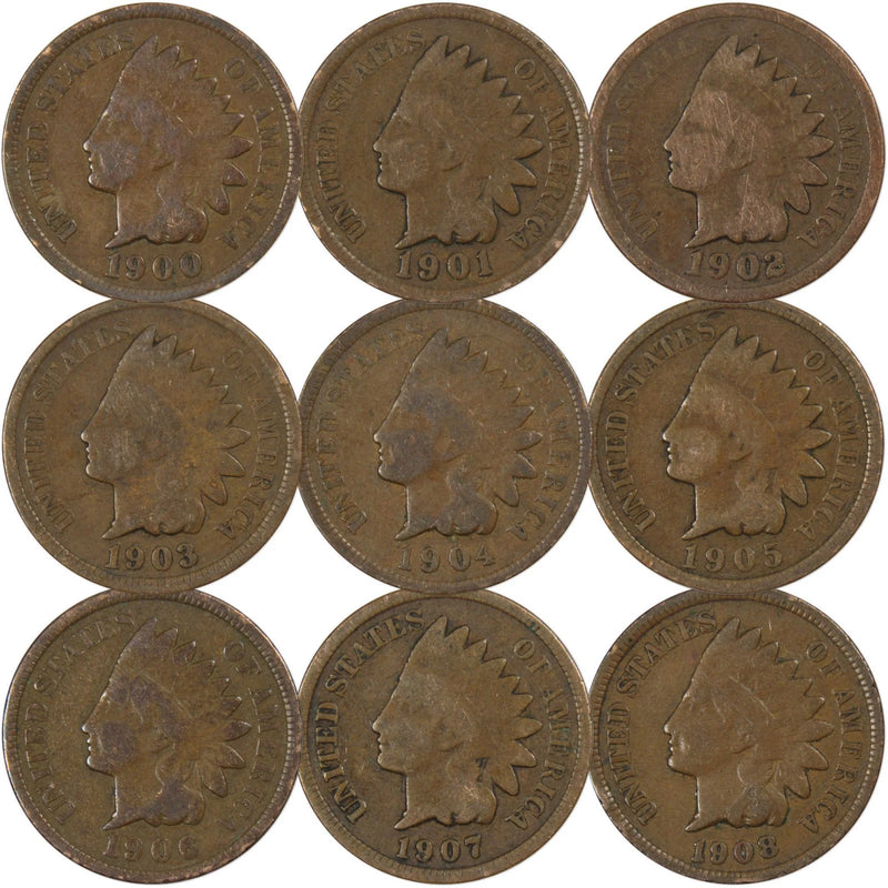 1900-1908 Indian Head Cent Penny Consecutive 9 Coin Set Circulated-1