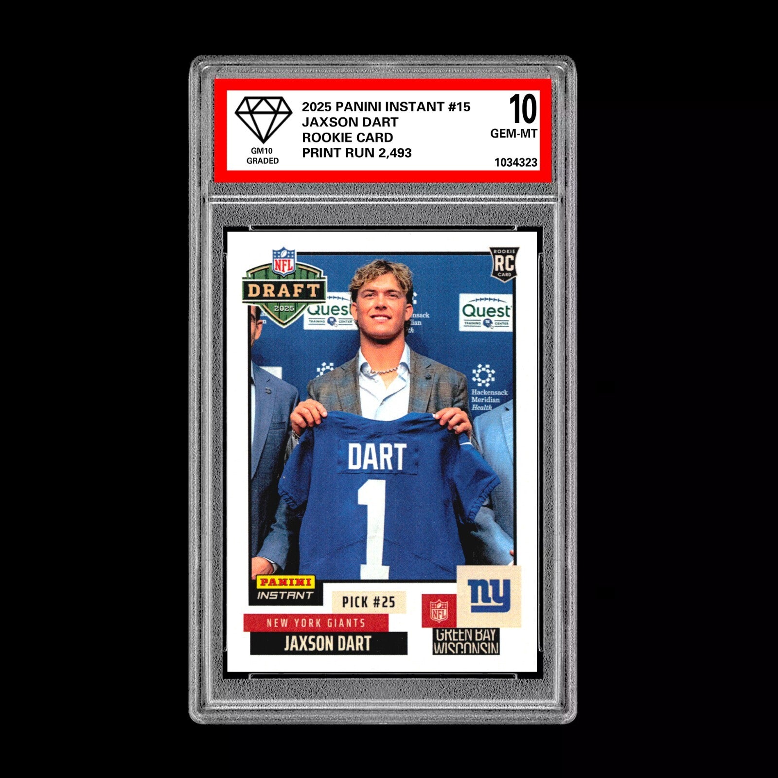 Graded 10 Jaxson Dart RC Rookie 2025 Panini Instant NFL Draft #15 NY Giants