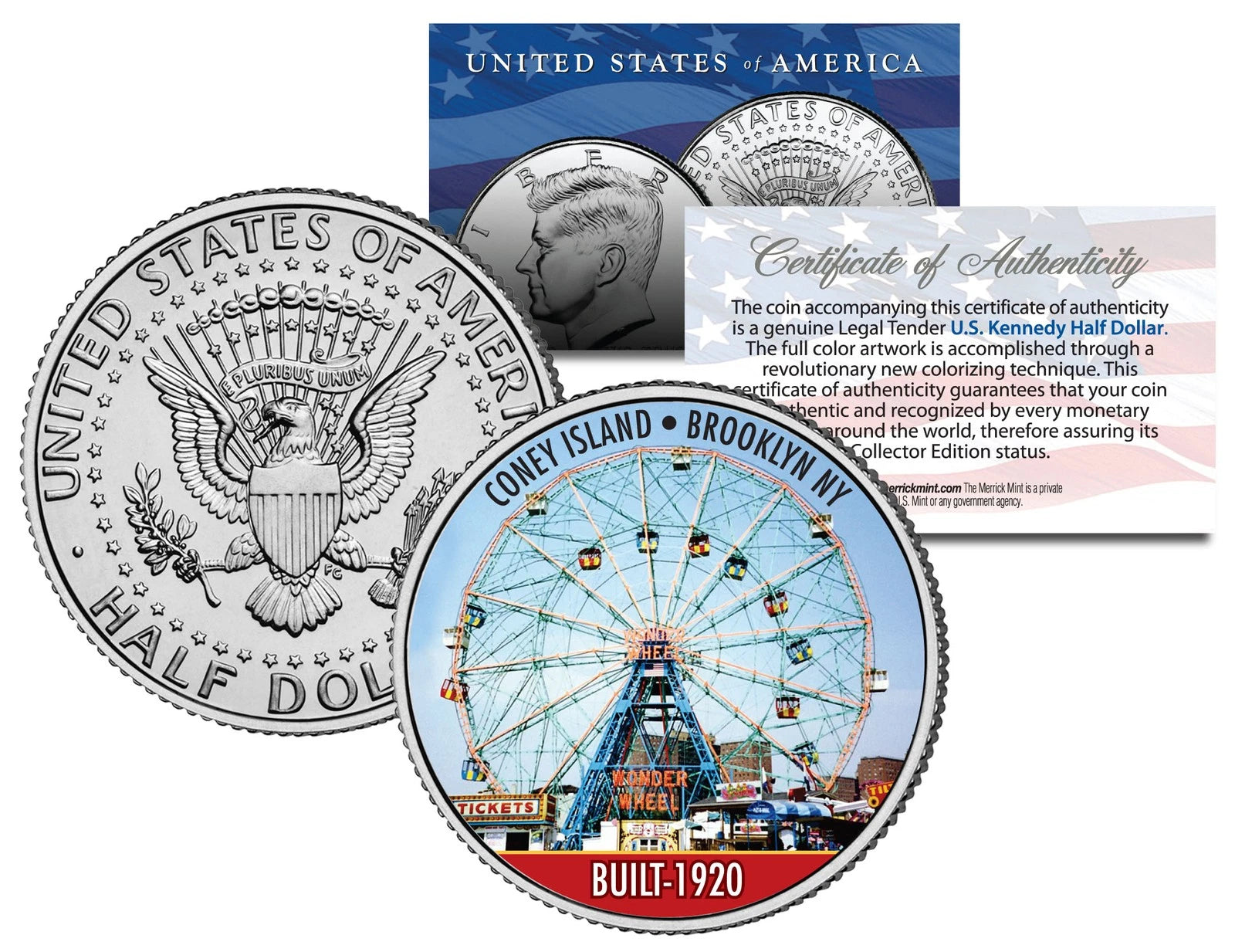 CONEY ISLAND WONDER WHEEL Colorized JFK Kennedy Half Dollar US Coin BROOKLYN NY-1