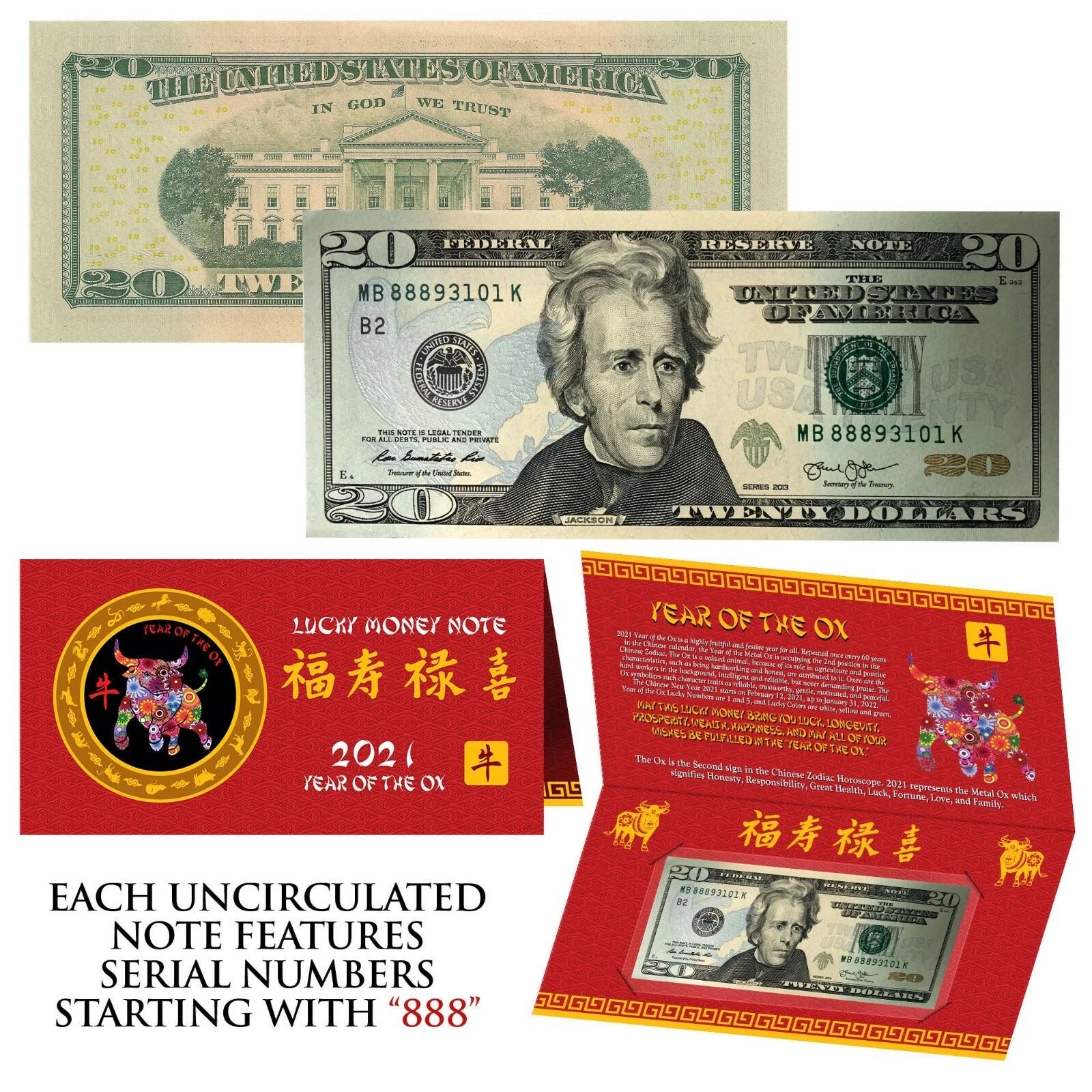 2021 CNY Chinese YEAR of the OX Lucky Money US $20 Bill w/ Red Folder - S/N 888-2