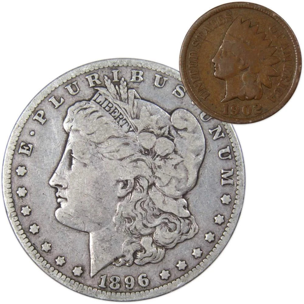 1896 O Morgan Dollar F Fine 90% Silver Coin with 1902 Indian Head Cent G Good-1
