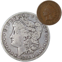 1896 O Morgan Dollar F Fine 90% Silver Coin with 1902 Indian Head Cent G Good-1