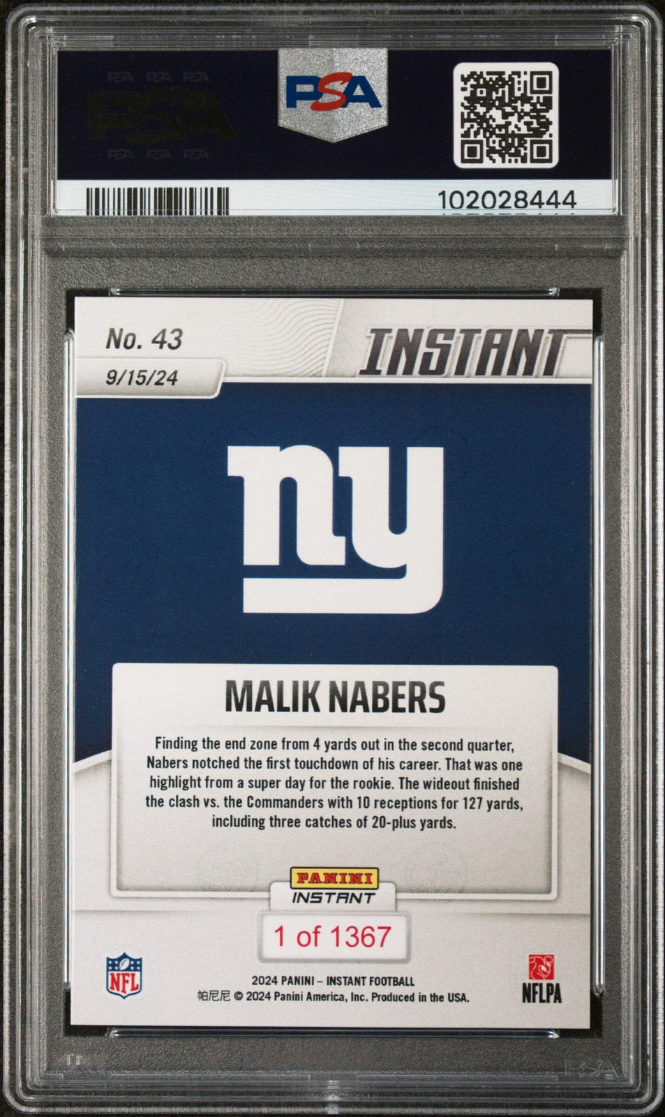 Graded 2024 Panini Instant NFL Malik Nabers #43 Rookie RC Football Card PSA 10