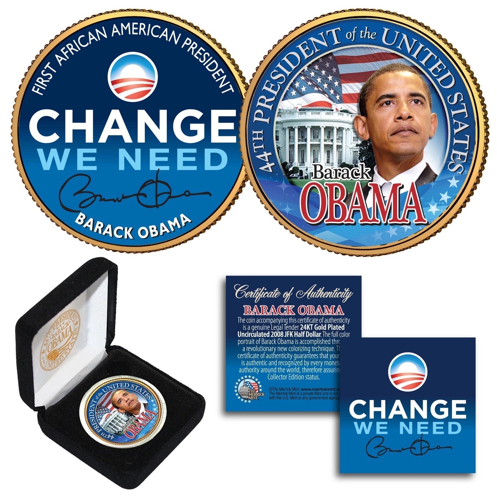BARACK OBAMA 24K Gold Plated 2-Sided JFK Half Dollar with Box ** SPECIAL PRICE