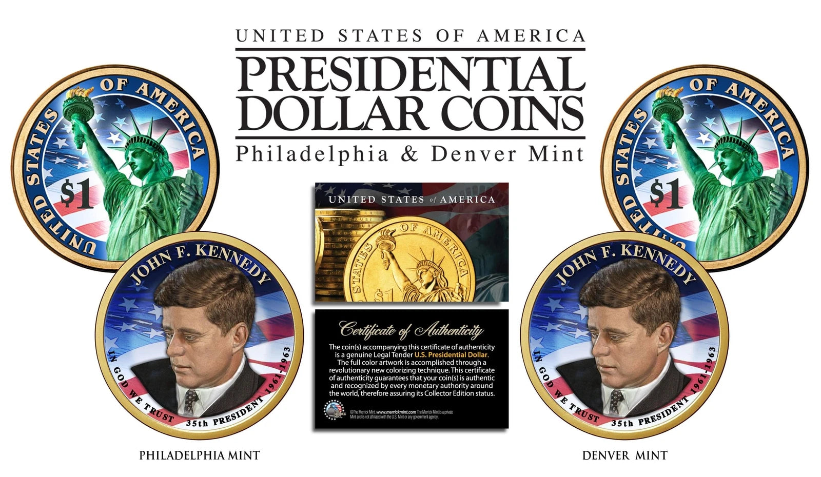 Colorized 2-sided JOHN F KENNEDY 2015 Presidential $1 Dollar 2-Coin Set P&D MINT-1