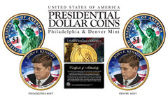 Colorized 2-sided JOHN F KENNEDY 2015 Presidential $1 Dollar 2-Coin Set P&D MINT-1
