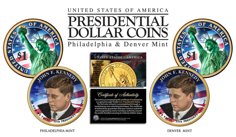 Colorized 2-sided JOHN F KENNEDY 2015 Presidential $1 Dollar 2-Coin Set P&D MINT-1