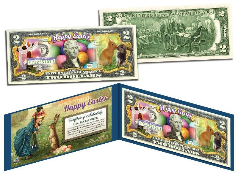 HAPPY EASTER * Easter Eggs & Easter Bunny * $2 Bill U.S. Legal Tender with Folio-1