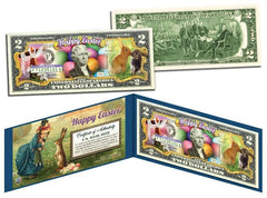 HAPPY EASTER * Easter Eggs & Easter Bunny * $2 Bill U.S. Legal Tender with Folio-1