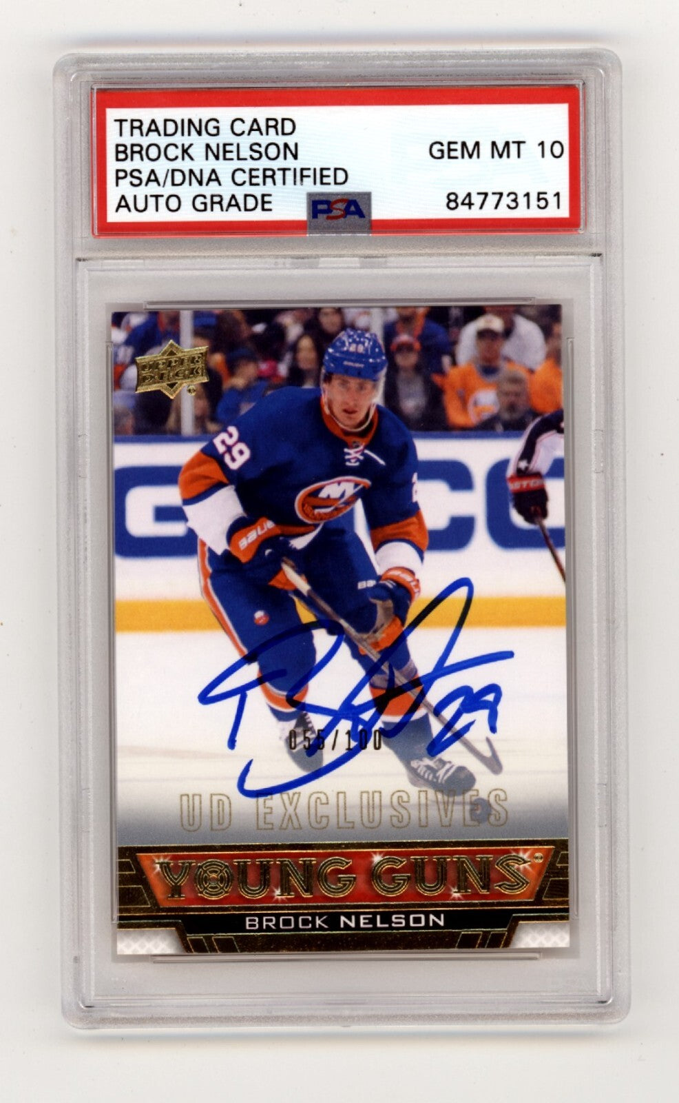 Brock Nelson 2013-14 Upper Deck Young Guns Exclusives RC /100 Signed PSA 10 Auto-1