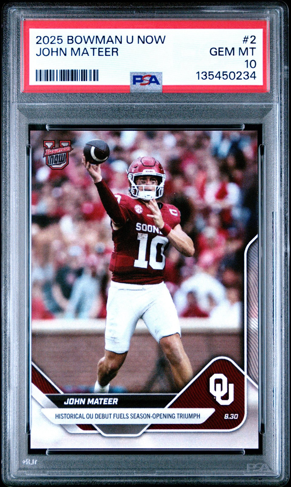PSA 10 John Mateer RC Rookie Topps #2 2025 Bowman U Now-1