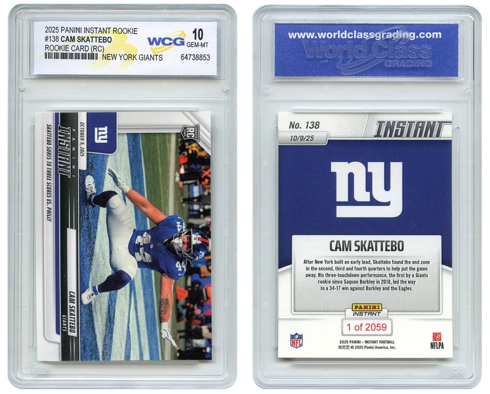 2025 NFL Panini CAM SKATTEBO NY Giants RB ROOKIE CARD RC #138 - GEM MINT 10
