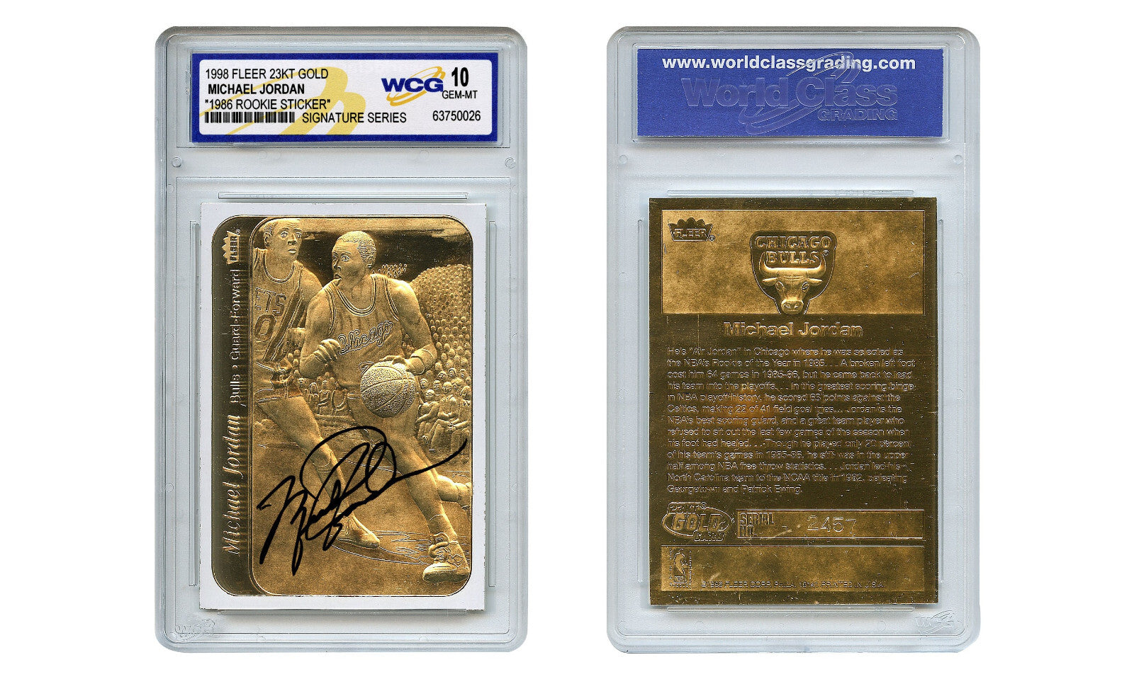 MICHAEL JORDAN '98 FLEER STICKER 1986 ROOKIE 23K Gold Signature Series - GEM 10