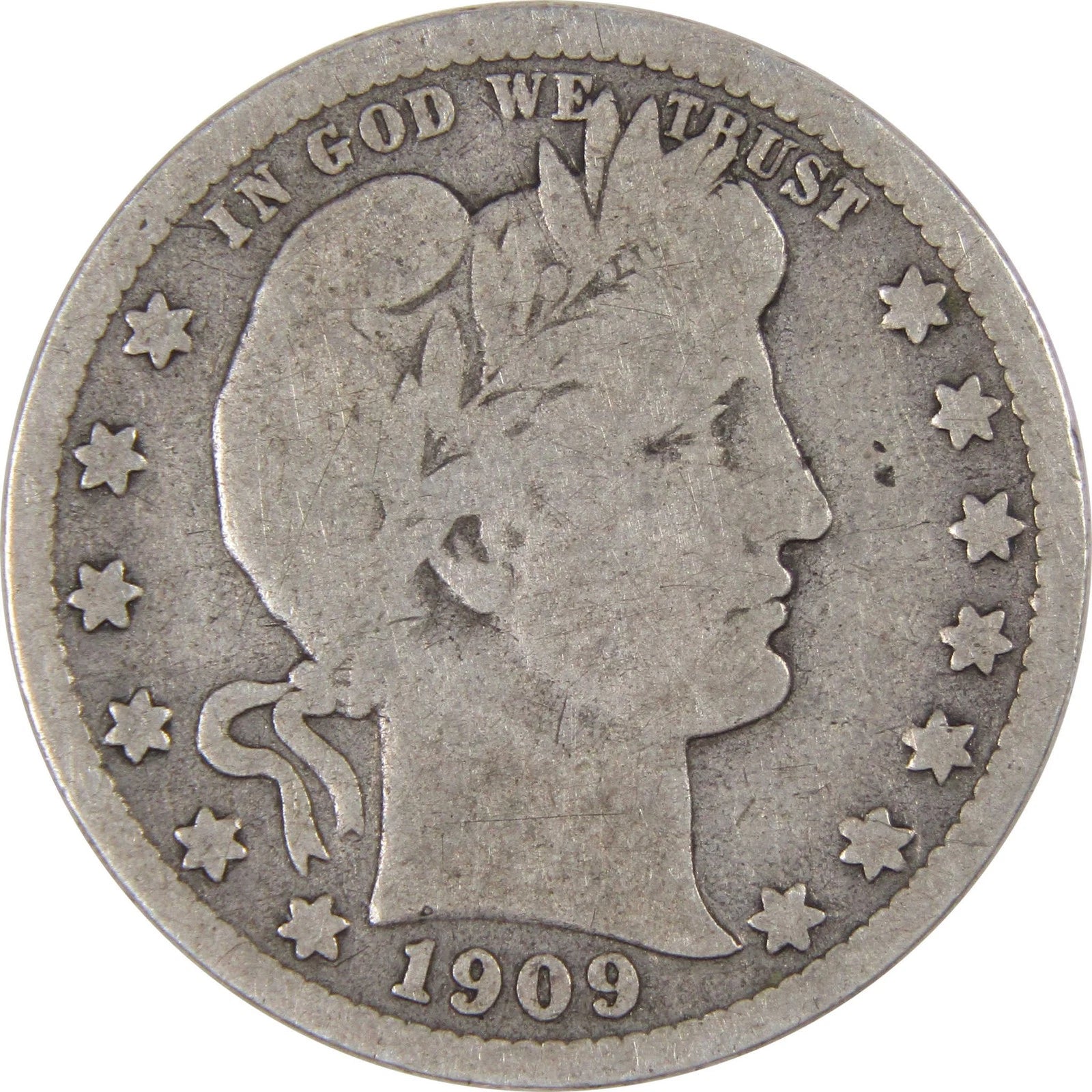 1909 D Barber Quarter G Good 90% Silver 25c US Type Coin Collectible