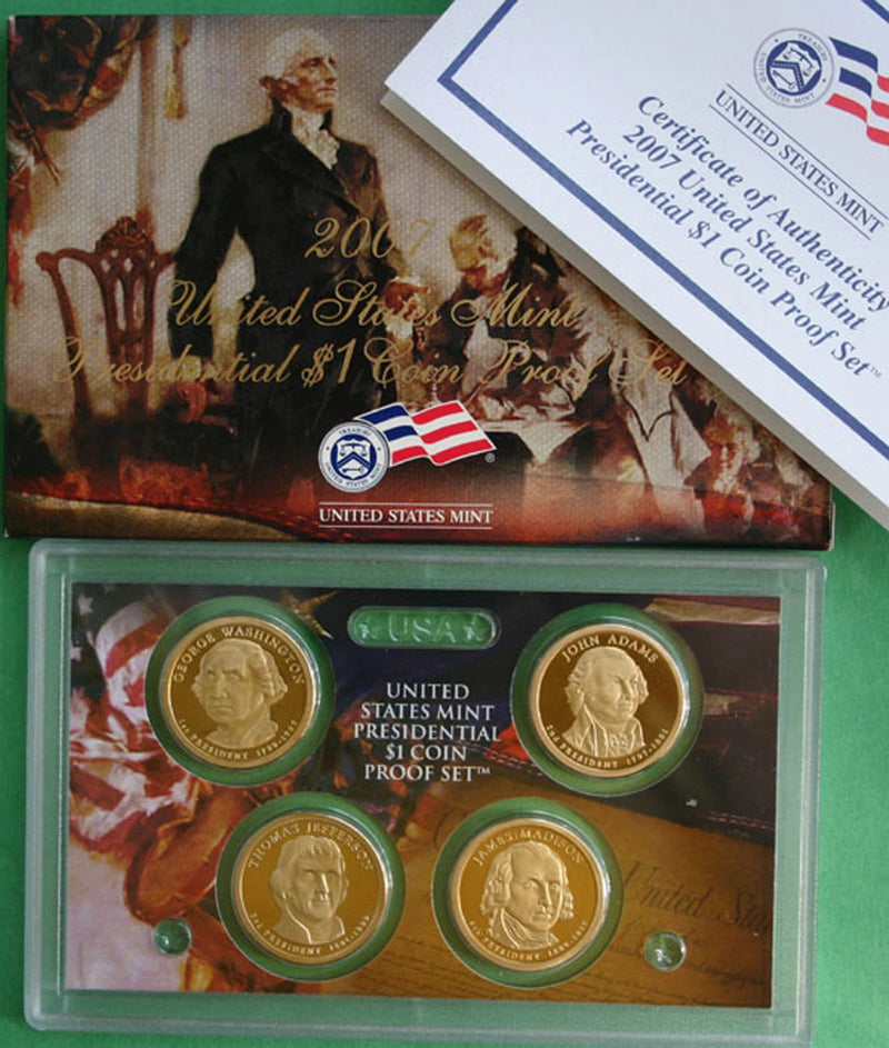 2007 S Proof Presidential $1 Coin Set of 4 Golden Dollars with Box + COA-3