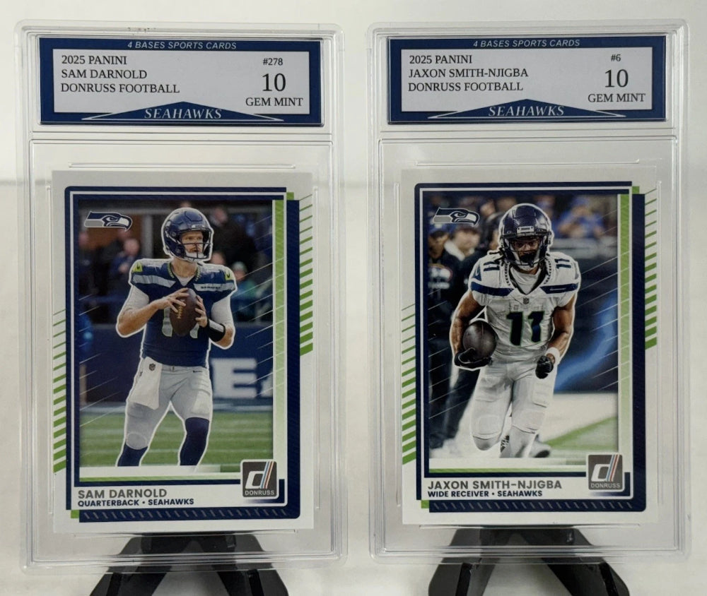 Juego de 2 tarjetas Panini Donruss Sam Darnold y Jaxon Smith Njigba Seattle Seahawks 2025-3