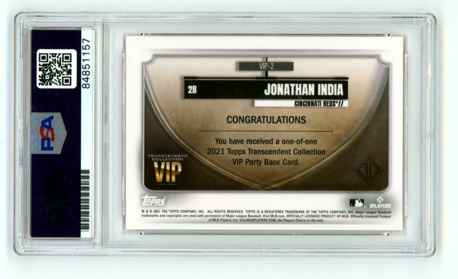 Jonathan India 2021 Topps Transcendent Collection VIP 1/1 RC Auto In PSA 10 Auto-2