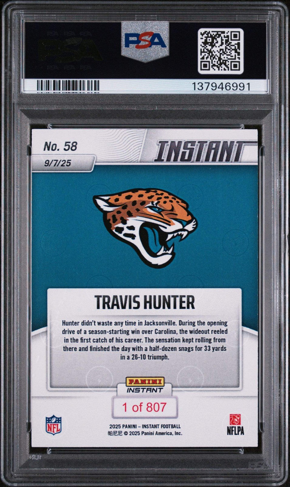 Graded 2025 Panini Instant Travis Hunter #58 Rookie RC Football Card PSA 9 Mint