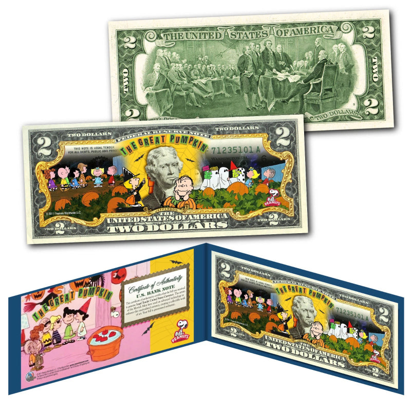 PEANUTS HALLOWEEN Charlie Brown THE GREAT PUMPKIN Colorized US $2 Bill -LICENSED-2