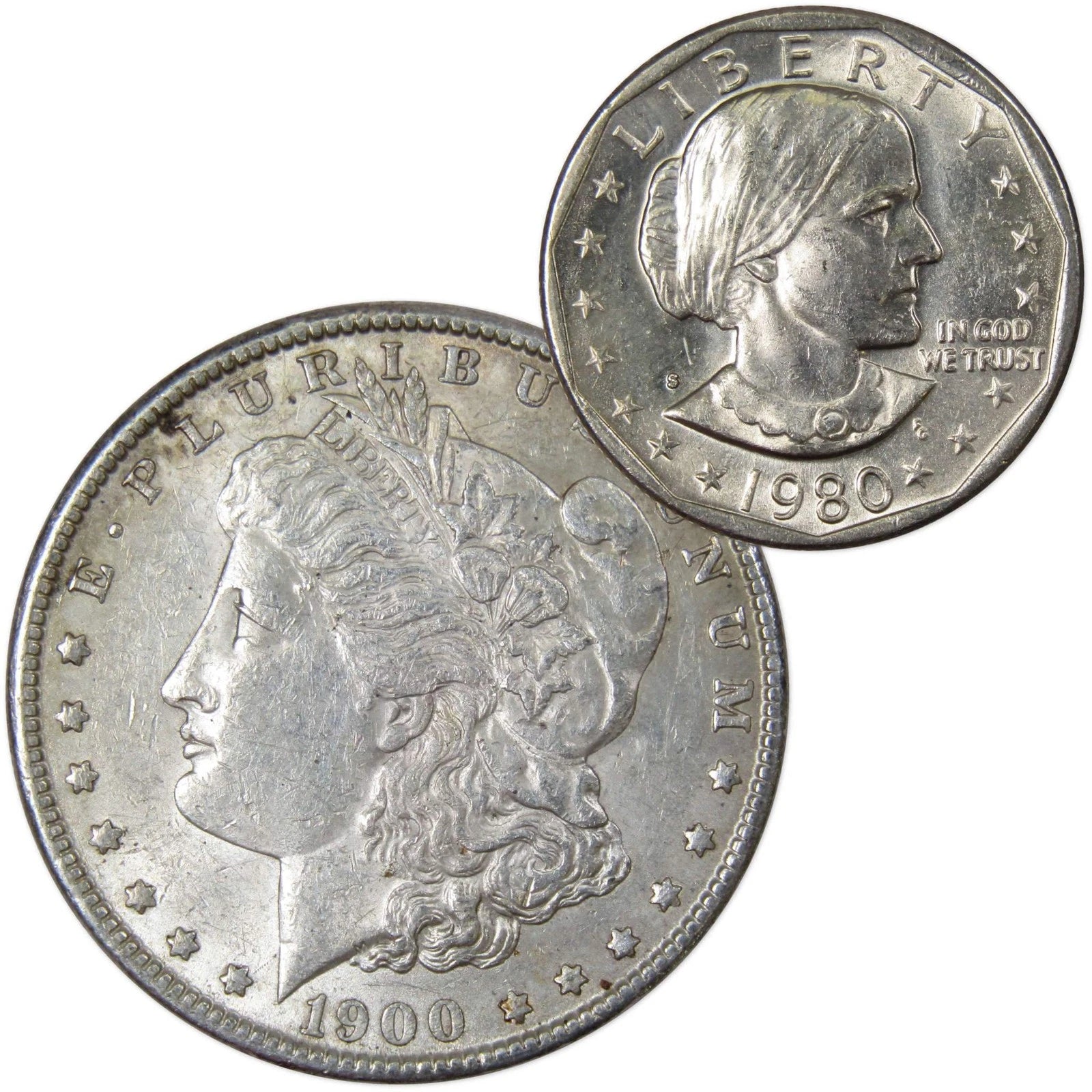 1900 Morgan Dollar AU About Uncirculated with 1980 S SBA$ BU Uncirculated