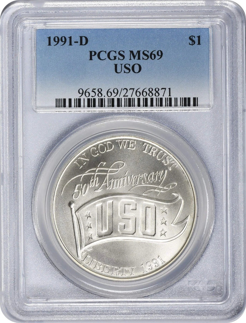 1991-D USO U.S.O Silver Commemorative Dollar MS69 PCGS Mint State 69-1