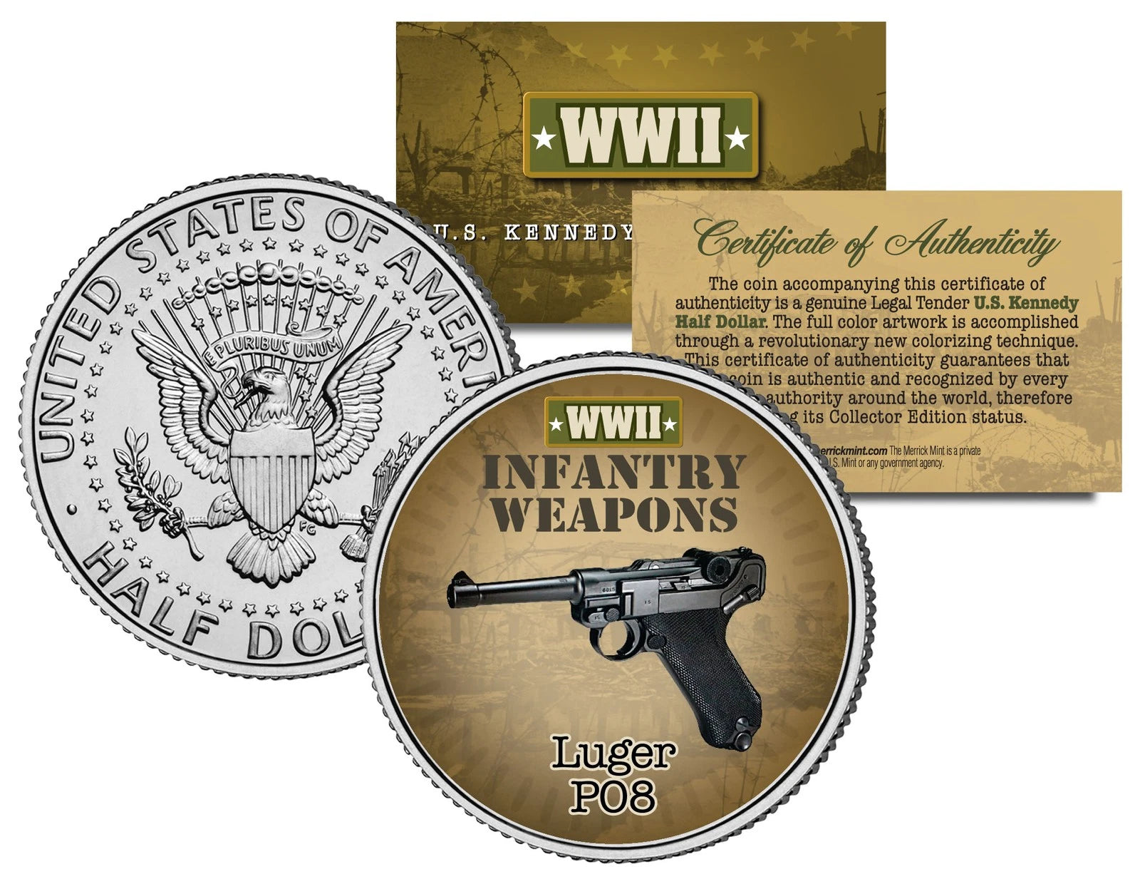 LUGER PO8 * WWII Infantry Weapons * JFK Kennedy Half Dollar U.S. Coin