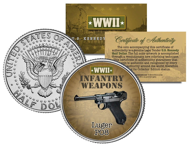 LUGER PO8 * WWII Infantry Weapons * JFK Kennedy Half Dollar U.S. Coin-1