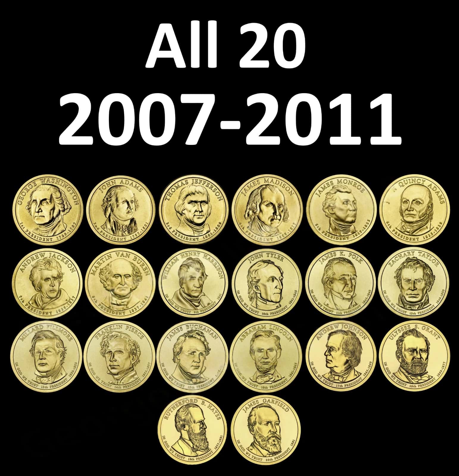 COMPLETE 2007-2011 Presidential Dollar Set BRILLIANT UNCIRCULATED 20 Coins MINT!-2