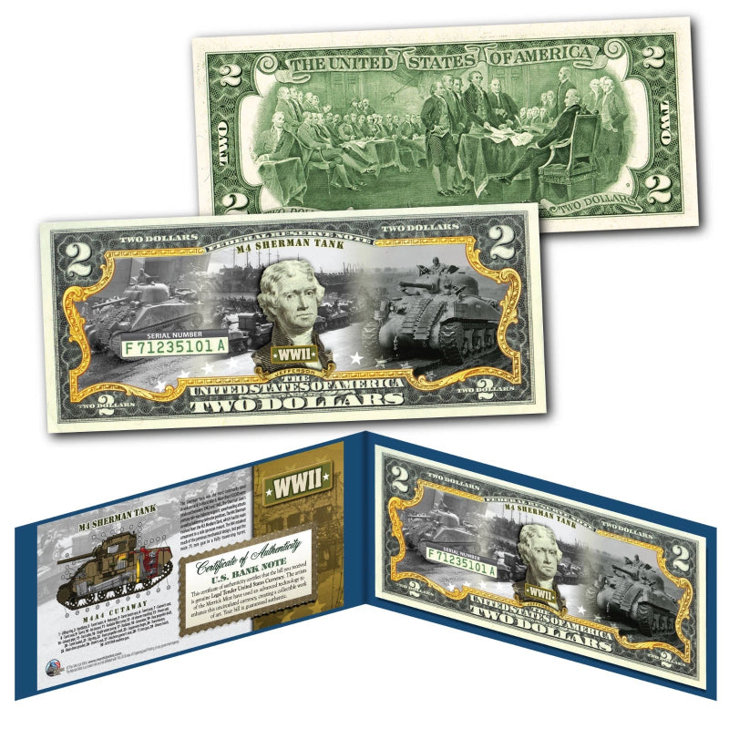 M4 SHERMAN TANK World War II WWII Genuine Legal Tender U.S. $2 Bill-2