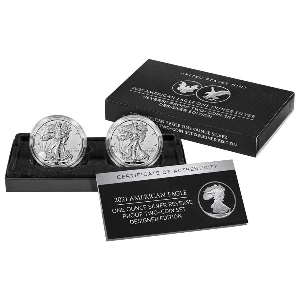 Juego de 2 piezas - Edición de diseñador American Silver Eagle de 1 oz de $1 de 2021 con prueba inversa