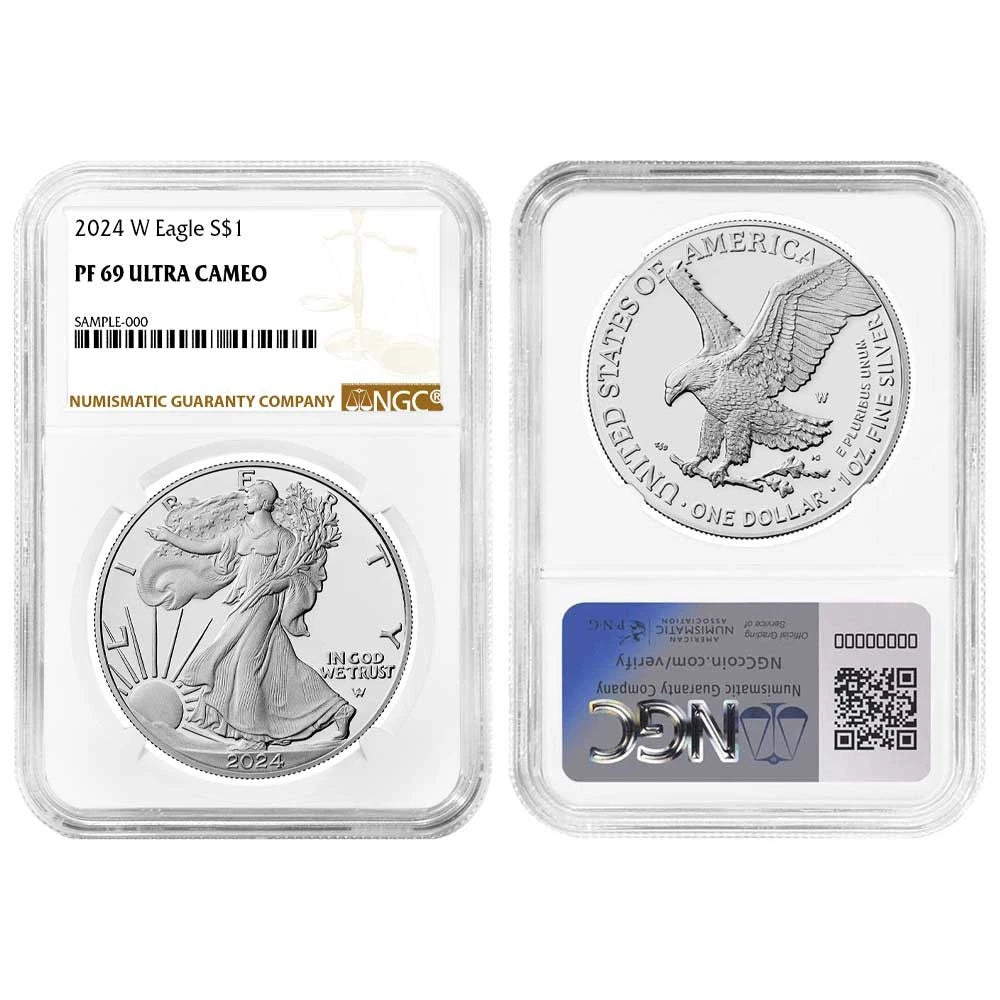 Moneda de plata americana Eagle NGC PF69UC de $1, 2024-W, etiqueta marrón