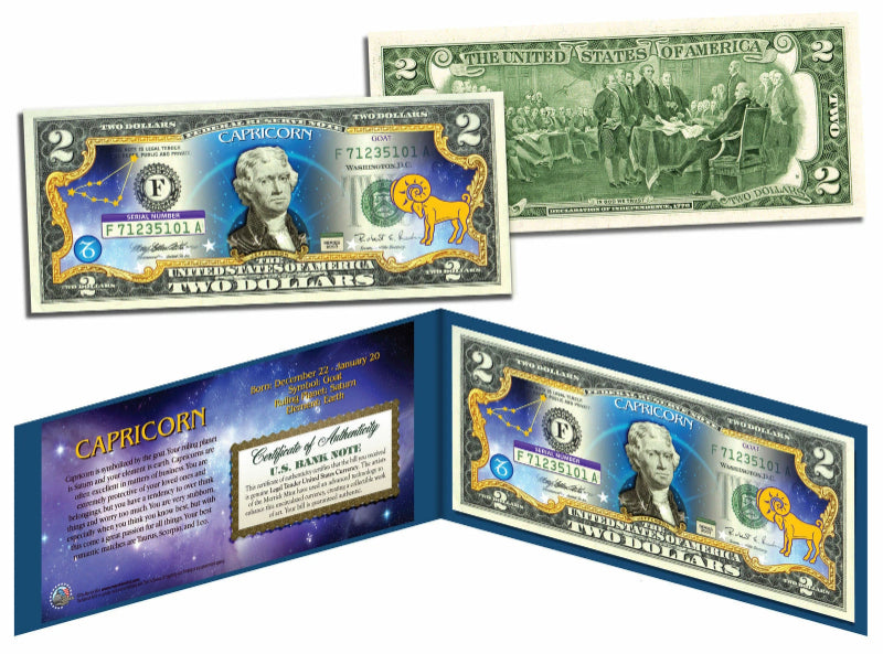 CAPRICORN - Astrological Sign Zodiac Genuine Legal Tender U.S. $2 Bill