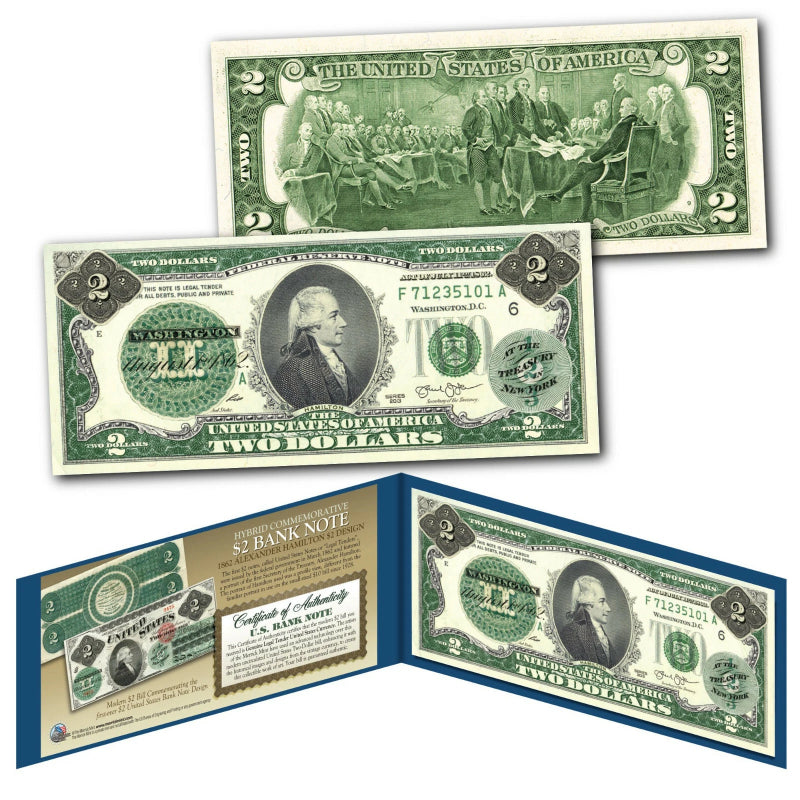 1862 Alexander HAMILTON Civil War Treasury Two-Dollar Banknote on modern $2 Bill-1