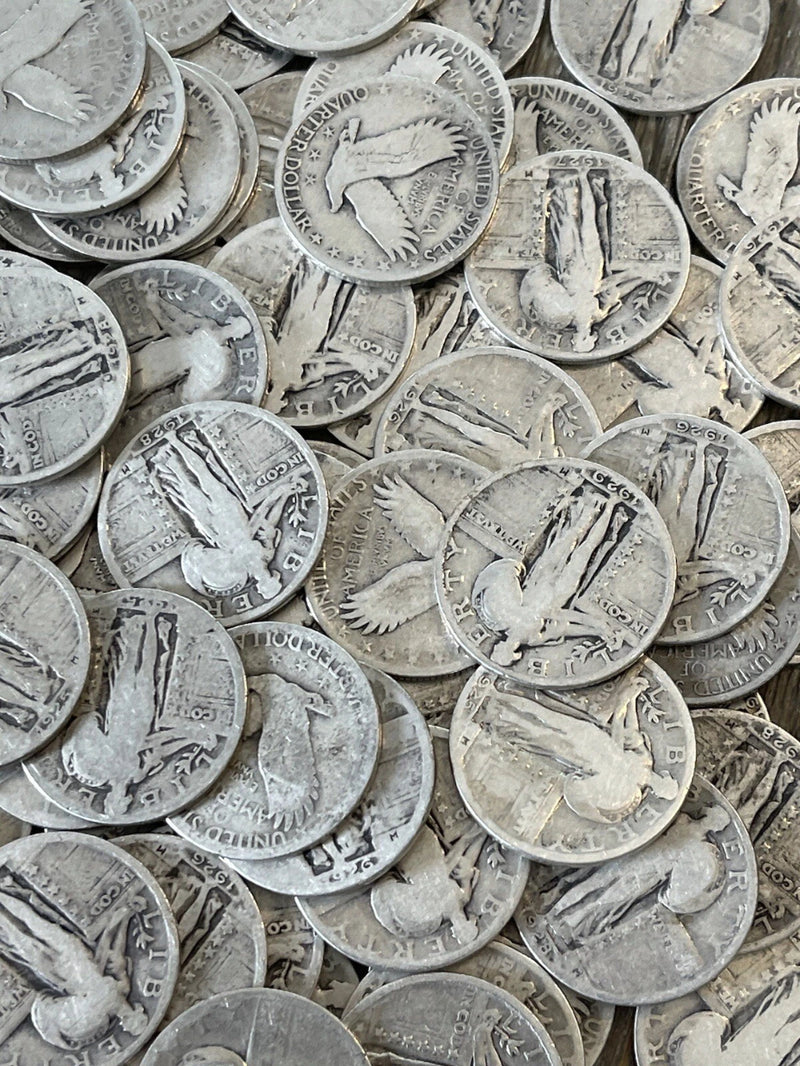 Monedas de veinticinco centavos Standing Liberty - 90 % plata - Fechas totalmente legibles ¡Elija la cantidad de monedas!-2