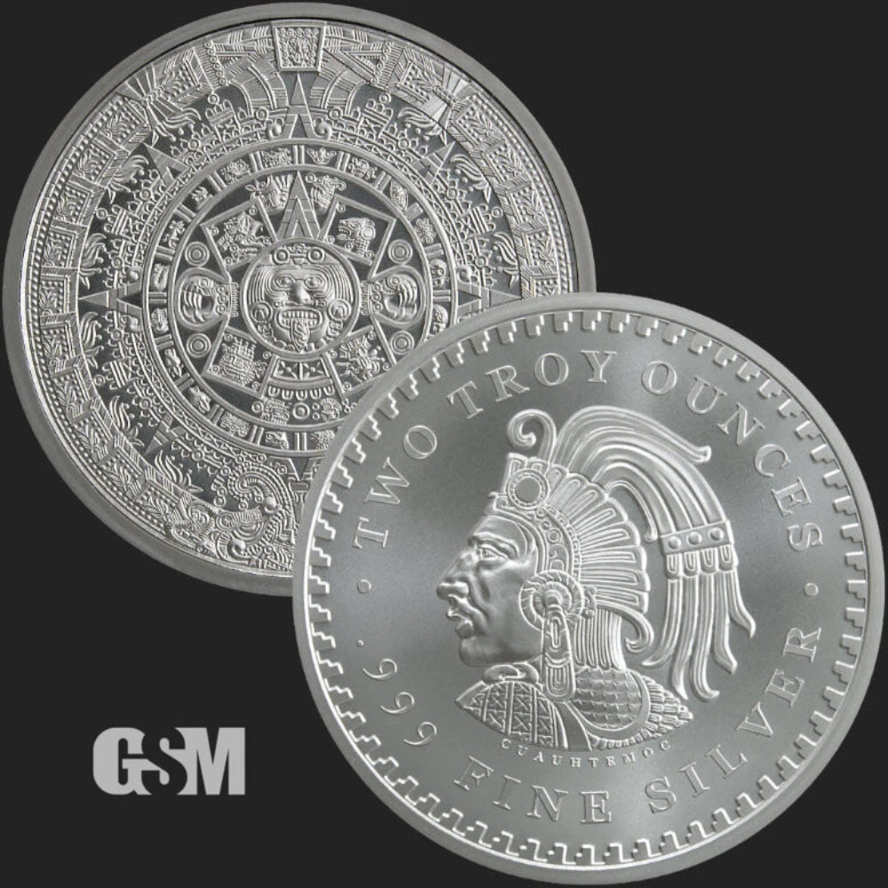2 oz .999 Fine Silver Aztec Calendar Stone Eagle Warrior Emperor of Tenochtitlan-3