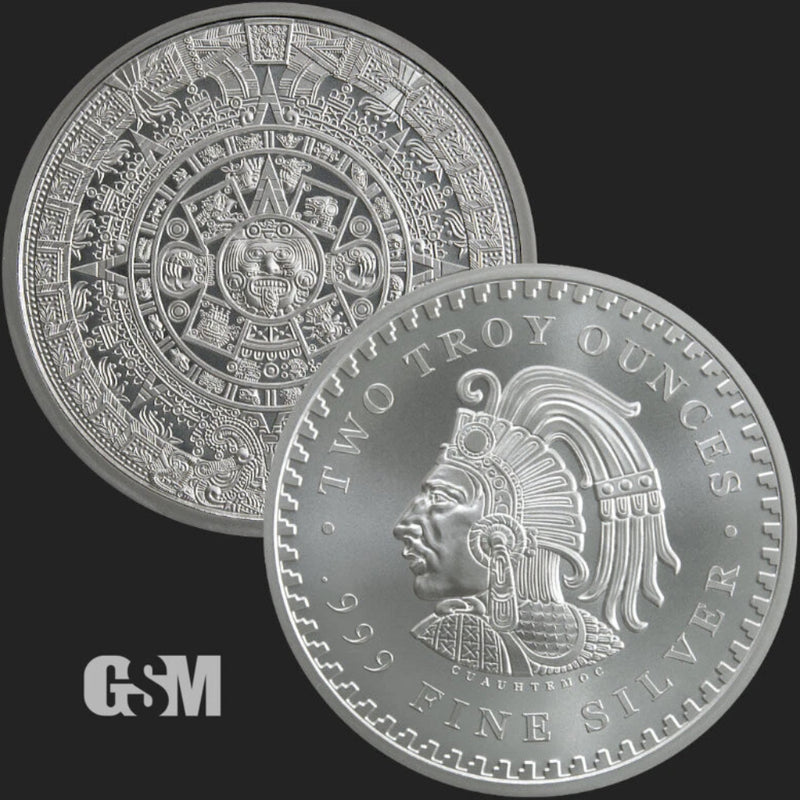 2 oz .999 Fine Silver Aztec Calendar Stone Eagle Warrior Emperor of Tenochtitlan-3