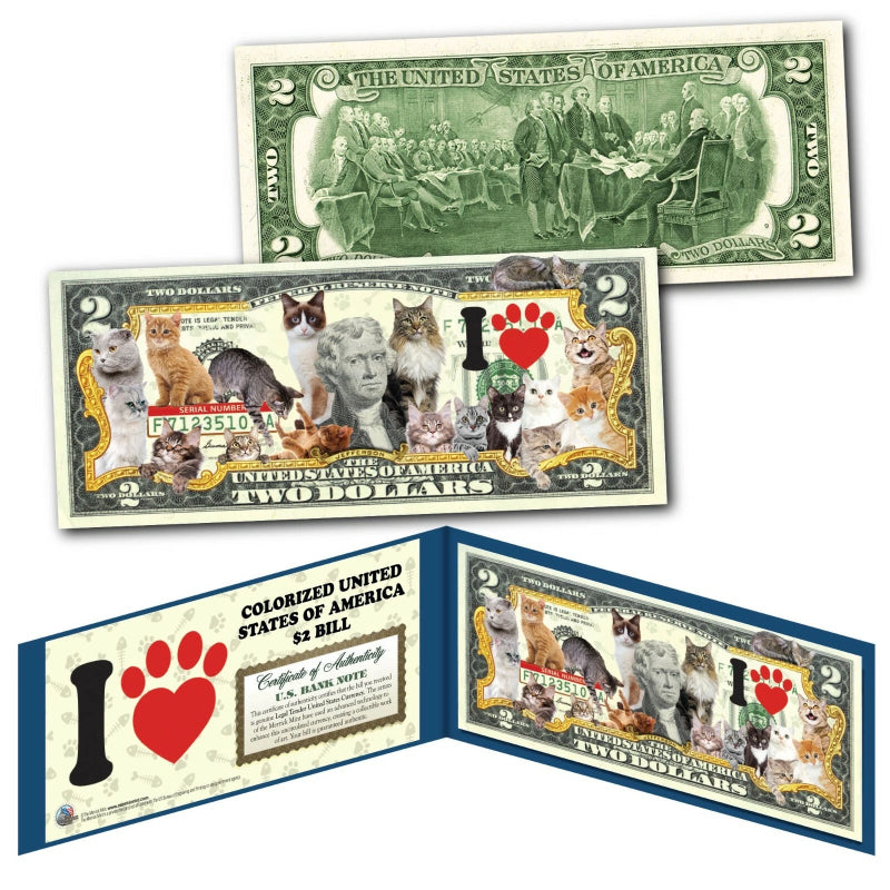 GATOS Me encantan los gatos. Billete de 2 dólares estadounidenses de curso legal genuino con 16 razas diferentes.-2