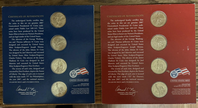 2007 P&D Presidential Dollar - Two 4 Coin Sets - Uncirculated $1 Coins US Mint-2