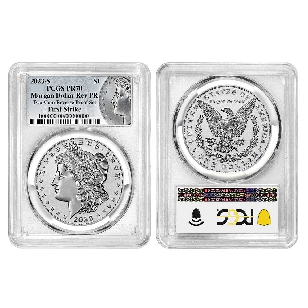 Juego de 2 monedas Morgan y Peace Dollar de $1 con reverso a prueba 2023-S PCGS PR70 FS Morgan